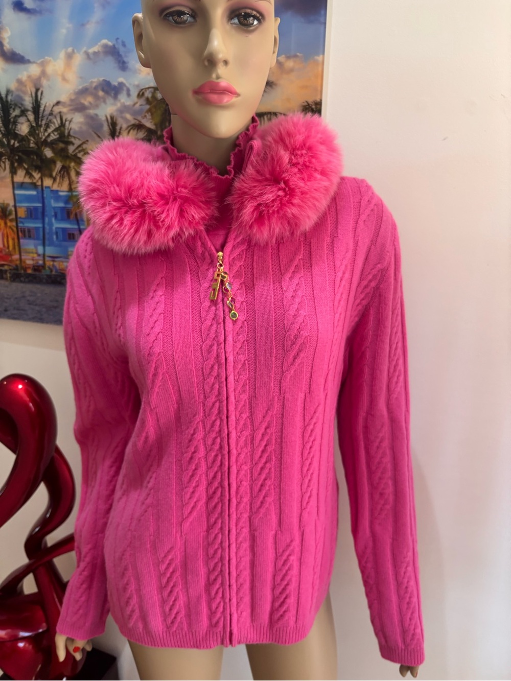 St. John Hot Pink Cable Knit Zip Cardigan with Fox Fur Collar Large twinset